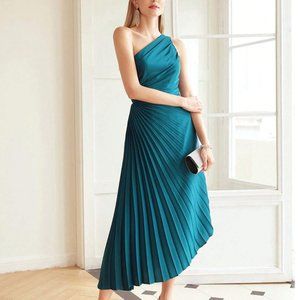 PLEATED ONE SHOULDER DRESS - Teal - NEW never worn